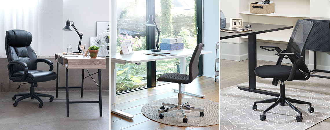 Trije različni stili ureditve domače pisarne s pisarniškimi stoli in mizami 