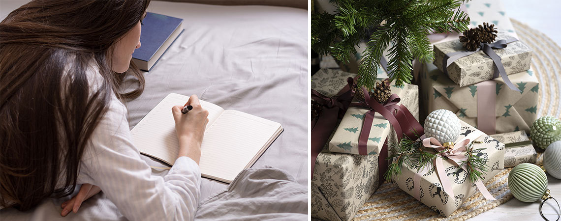 Ženska leži v postelji in piše nakupovalni seznam ter božična darila pod drevesom