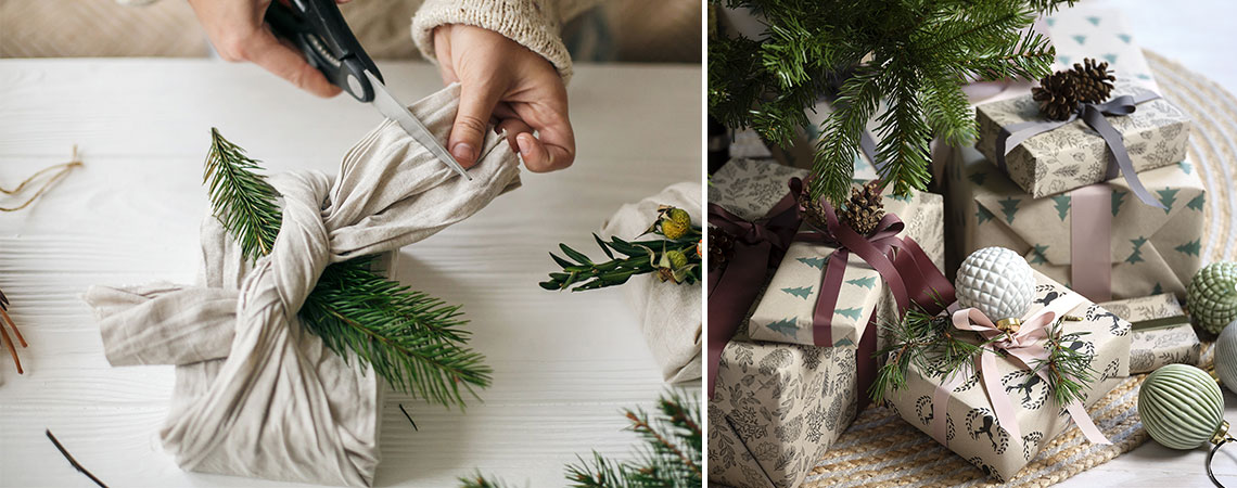 Božična darila, zavita v tkanino in recikliran ovojni papir