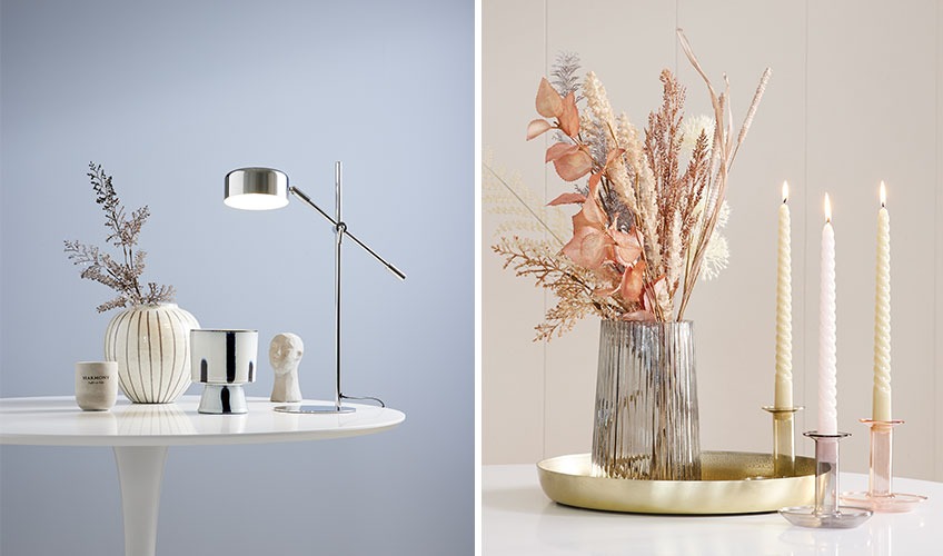 Vaze, svečniki, lučka in sveče v skandinavskem dizajnu in svetle barve