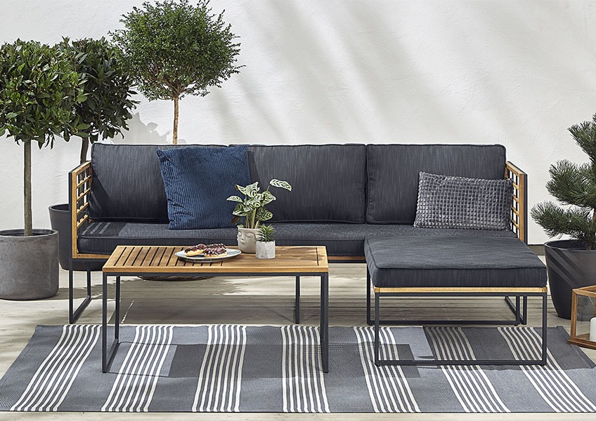 Vrtno lounge pohištvo s trosedom s podaljškom in mizico iz kovine in lesa 