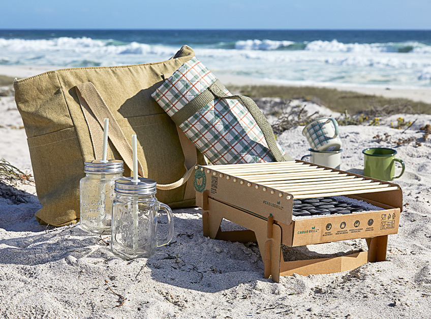 Žar za enkratno uporabo, hladilna torba, odeja za piknik, kozarci in skodelice na plaži
